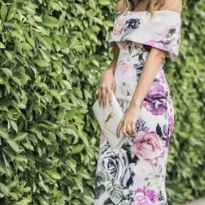 ASOS Floral Off The Shoulder Midi Dress Pink Purple White Sheath Wedding Guest